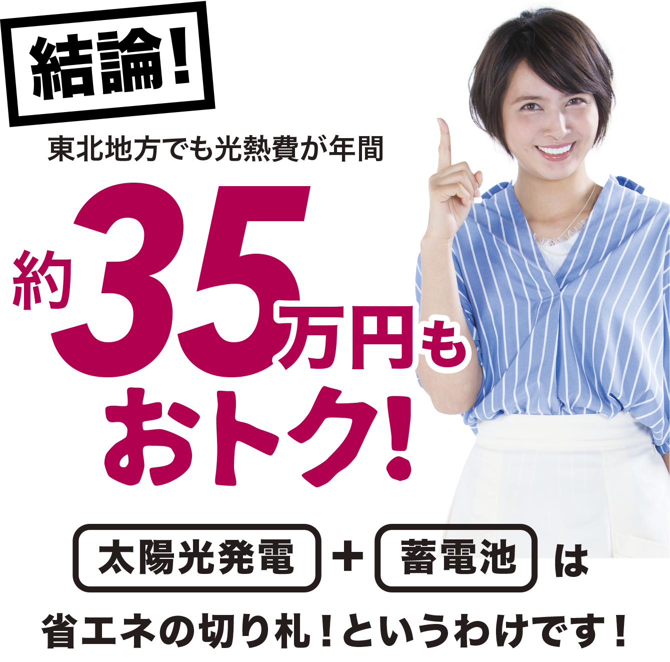 結論！東北地方でも光熱費が年間約35万円もおトク！　太陽光発電プラス蓄電池は省エネの切り札というわけです！