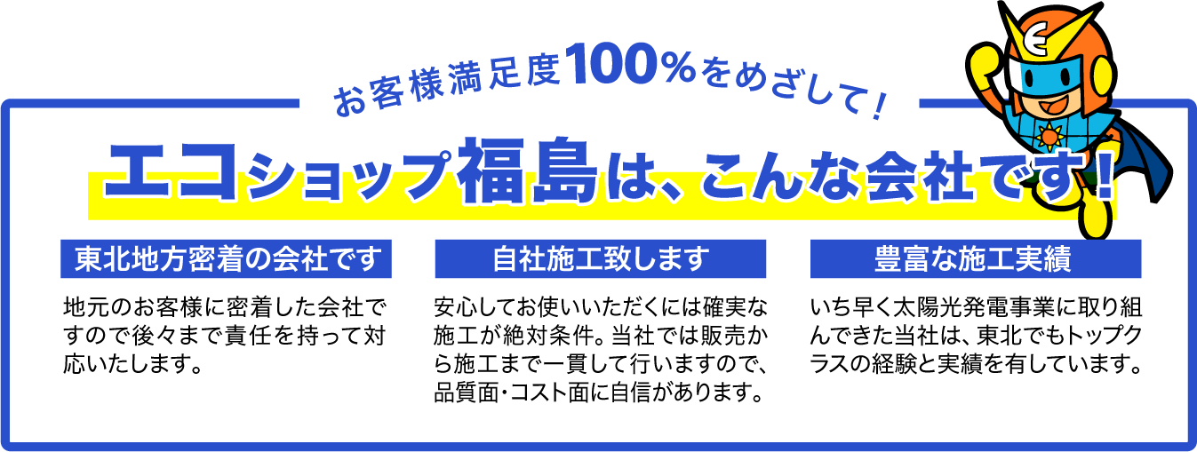 お客様満足度100%をめざして！エコショップ福島は、こんな会社です！
東北地方密着の会社です。地元のお客様に密着した会社ですので後々まで責任を持って対応いたします。　自社施工致します。安心してお使いいただくには確実な施工が絶対条件。当社では販売から施工まで一貫して行いますので、品質面・コスト面に自信があります。　豊富な施工実績。いち早く太陽光発電事業に取り組んできた当社は、東北でもトップクラスの経験と実績を有しています。